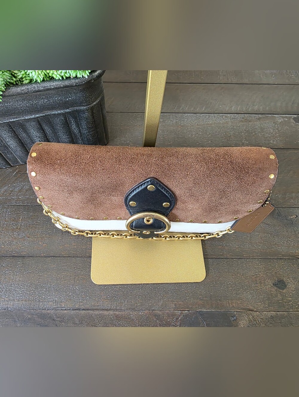 Coach Beat Crossbody Clutch Brown Suede White Leather Rivet Chain Strap - Picture 6 of 16